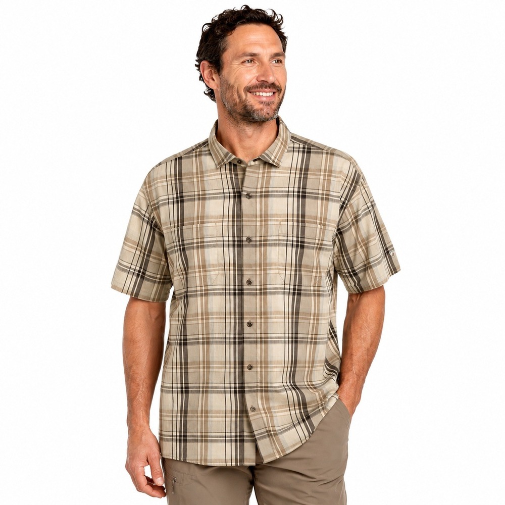 Kuhl Shirt  Mens XXL Tapered Fit Plaid Short Sleeve Button Down Tan Grey Hiking